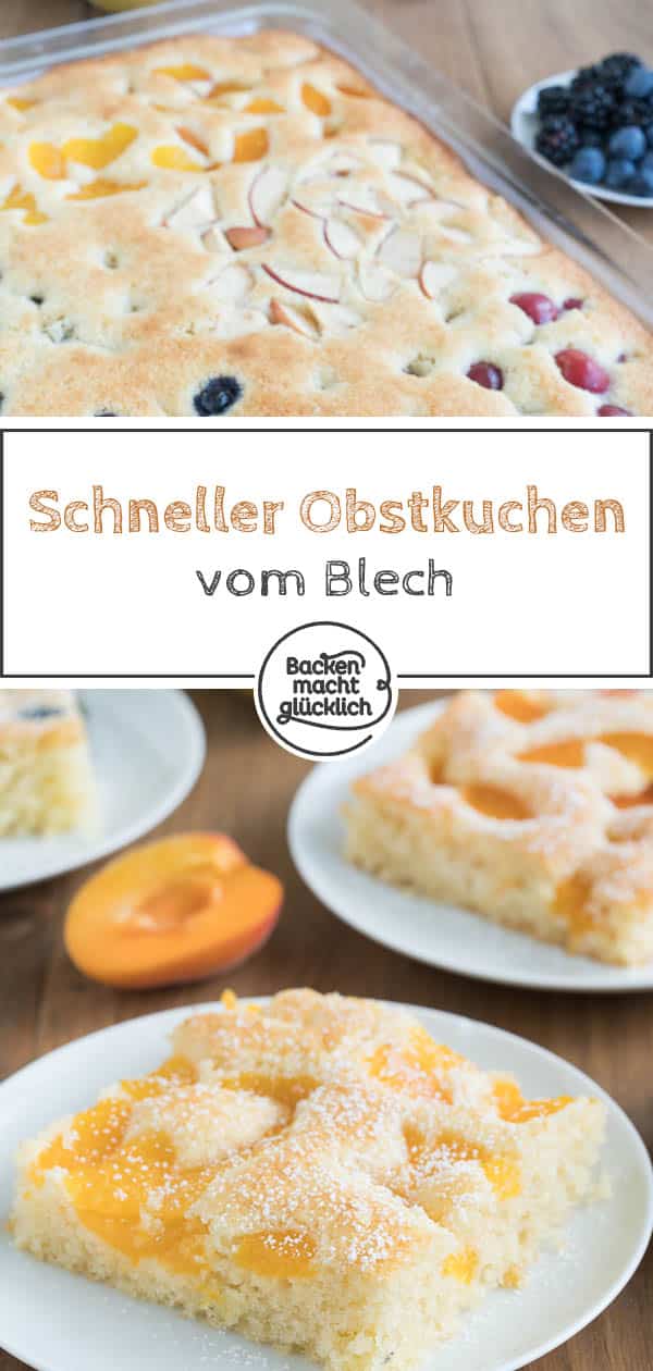 Dieser köstliche Obstkuchen vom Blech ist ein echter Allrounder, denn er lässt sich mit so vielen verschiedenen Früchten kombinieren. Den einfachen Obstkuchen aus Rührteig könnt ihr zum Beispiel mit frischen Blaubeeren, Kirschen, Äpfeln oder Aprikosen verfeinern. #kuchen #obstkuchen #obstkuchenvomblech #einfach #schnellbacken #backenmachtglücklich