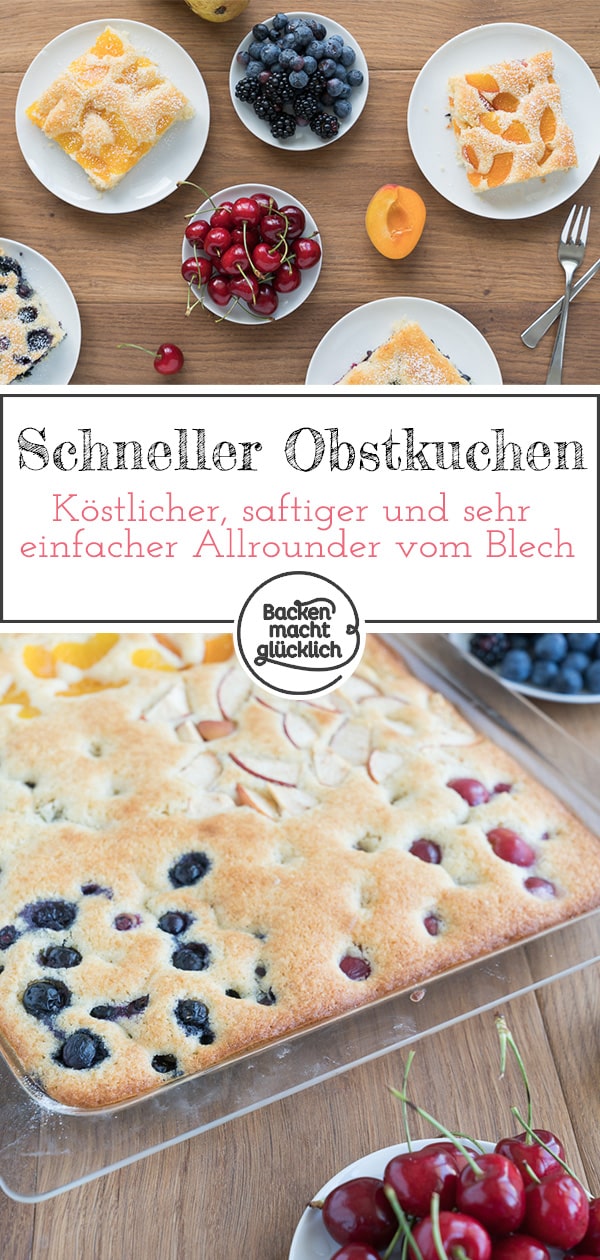 Dieser köstliche Obstkuchen vom Blech ist ein echter Allrounder, denn er lässt sich mit so vielen verschiedenen Früchten kombinieren. Den einfachen Obstkuchen aus Rührteig könnt ihr zum Beispiel mit frischen Blaubeeren, Kirschen, Äpfeln oder Aprikosen verfeinern. #kuchen #obstkuchen #obstkuchenvomblech #einfach #schnellbacken #backenmachtglücklich