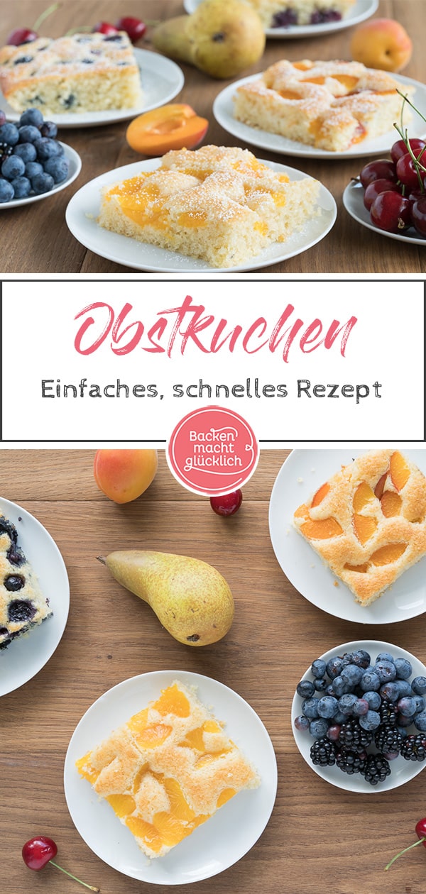 Dieser köstliche Obstkuchen vom Blech ist ein echter Allrounder, denn er lässt sich mit so vielen verschiedenen Früchten kombinieren. Den einfachen Obstkuchen aus Rührteig könnt ihr zum Beispiel mit frischen Blaubeeren, Kirschen, Äpfeln oder Aprikosen verfeinern. #kuchen #obstkuchen #obstkuchenvomblech #einfach #schnellbacken #backenmachtglücklich