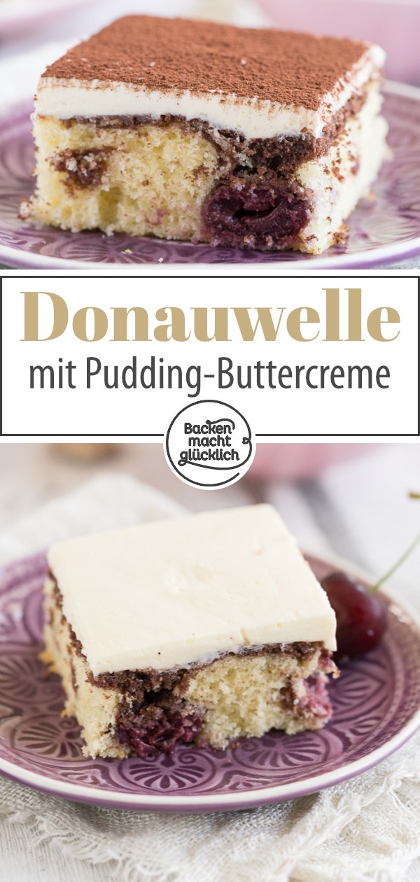 Donauwelle vom Blech ist ein köstlicher Klassiker! Unser einfaches Donauwellen-Rezept mit Pudding-Buttercreme und Kirschen kommt bei Groß und Klein gut an.