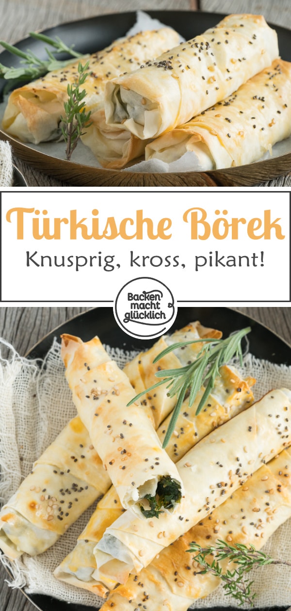 Börek mit Schafskäse und Spinat sind ein toller türkischer Snack. Mit diesem Rezept sind die Röllchen schnell zubereitet!