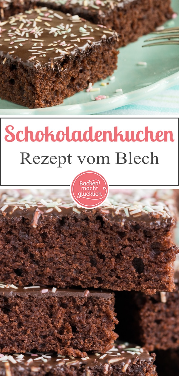 Wunderbar saftiger, schneller und einfacher Schoko-Blechkuchen mit Glasur. Für jeden Anlass - kommt immer gut an.