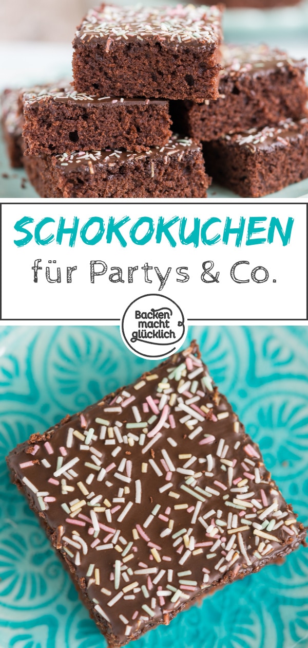 Wunderbar saftiger, schneller und einfacher Schoko-Blechkuchen mit Glasur. Für jeden Anlass - kommt immer gut an.