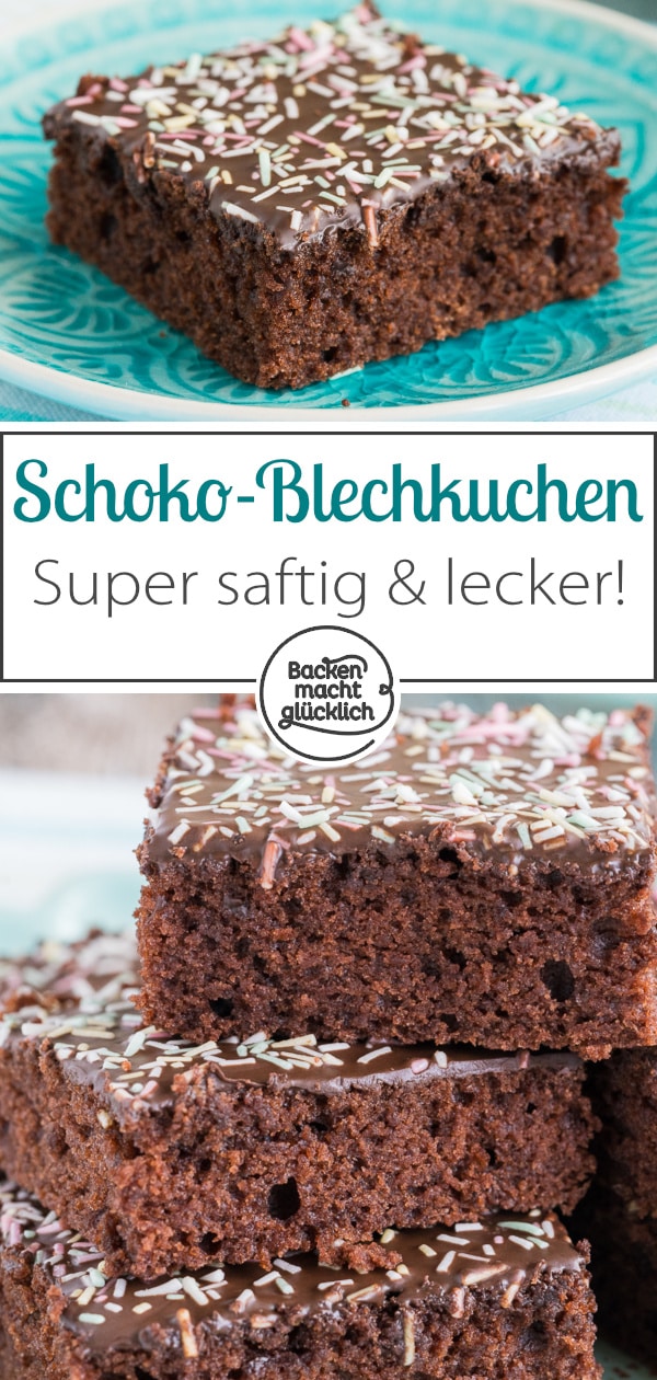 Wunderbar saftiger, schneller und einfacher Schoko-Blechkuchen mit Glasur. Für jeden Anlass - kommt immer gut an.