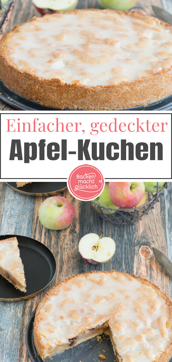 Omas gedeckter Apfelkuchen mit Mürbeteig und Zuckerguss schmeckt einfach köstlich. Mürbe, fruchtig, fein!