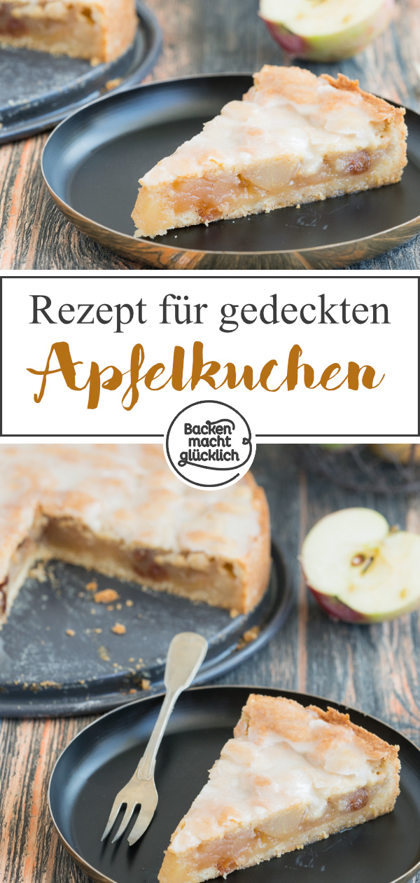 Omas gedeckter Apfelkuchen mit Mürbeteig und Zuckerguss schmeckt einfach köstlich. Mürbe, fruchtig, fein!