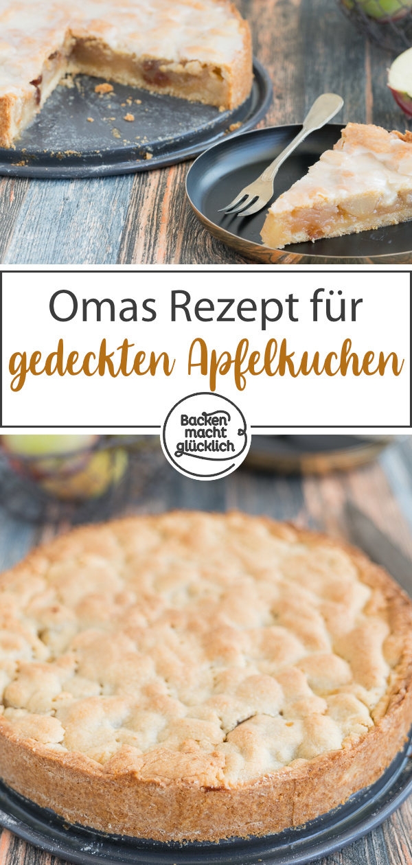 Omas gedeckter Apfelkuchen mit Mürbeteig und Zuckerguss schmeckt einfach köstlich. Mürbe, fruchtig, fein!