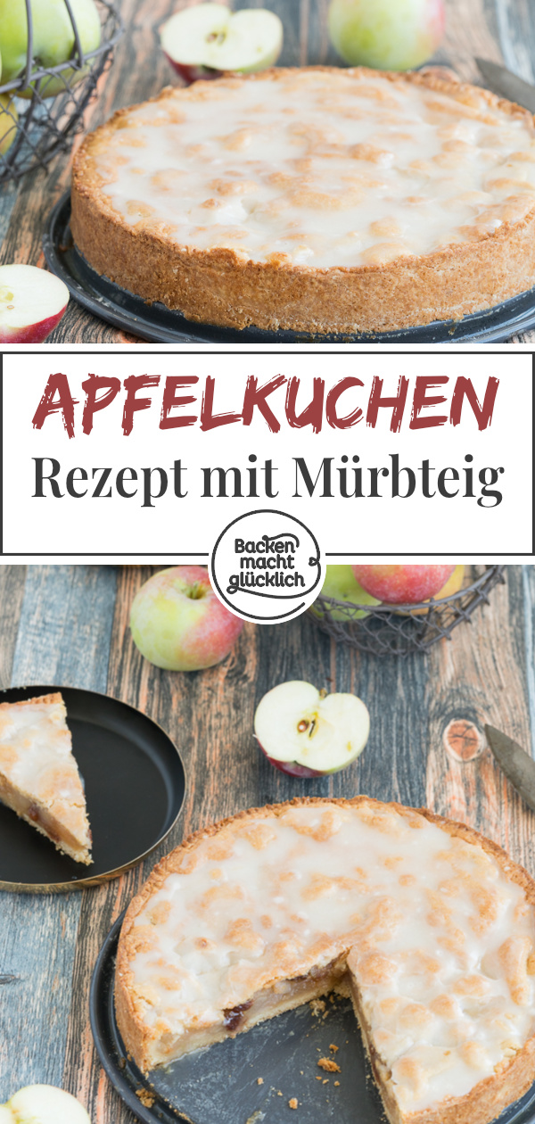 Omas gedeckter Apfelkuchen mit Mürbeteig und Zuckerguss schmeckt einfach köstlich. Mürbe, fruchtig, fein!