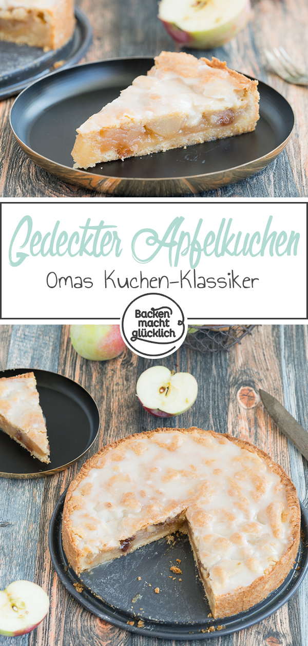 Omas gedeckter Apfelkuchen mit Mürbeteig und Zuckerguss schmeckt einfach köstlich. Mürbe, fruchtig, fein!