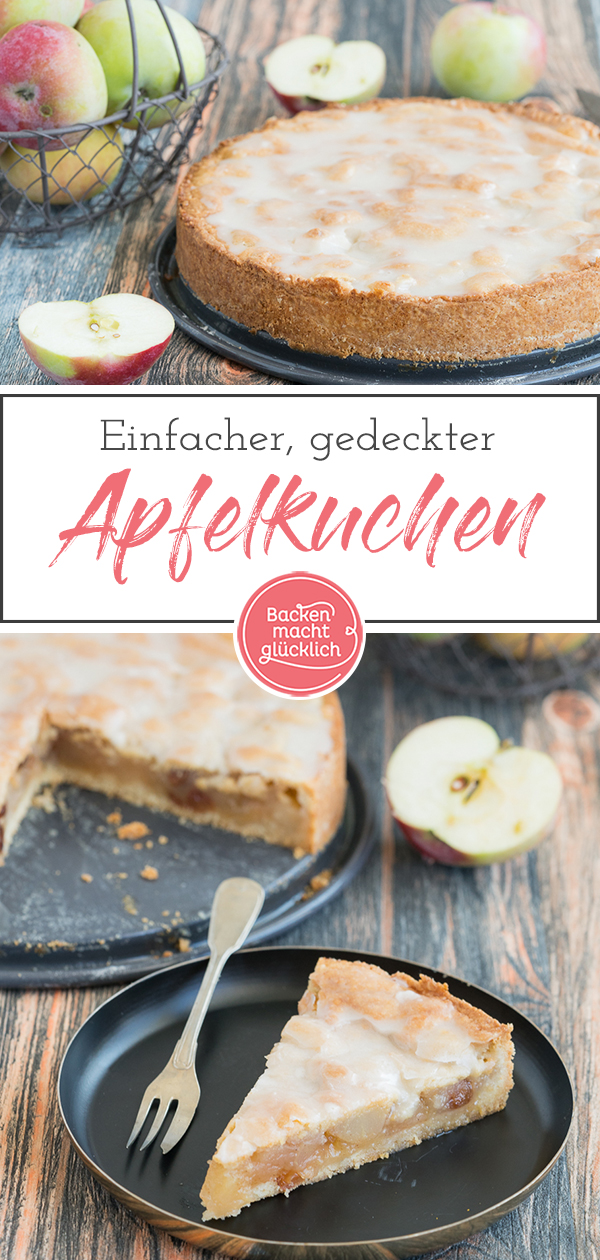 Omas gedeckter Apfelkuchen mit Mürbeteig und Zuckerguss schmeckt einfach köstlich. Mürbe, fruchtig, fein!