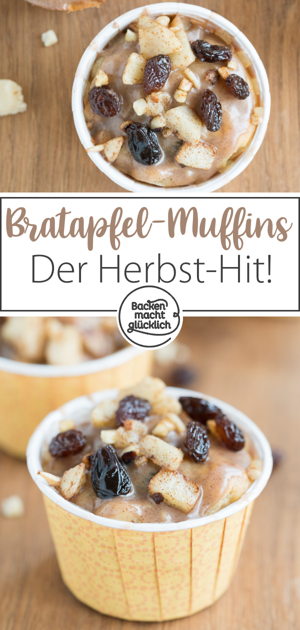 Sehr saftige Bratapfelmuffins mit Marzipan, Mandeln und Rosinen. Das perfekte Soulfood für Herbst und Winter!