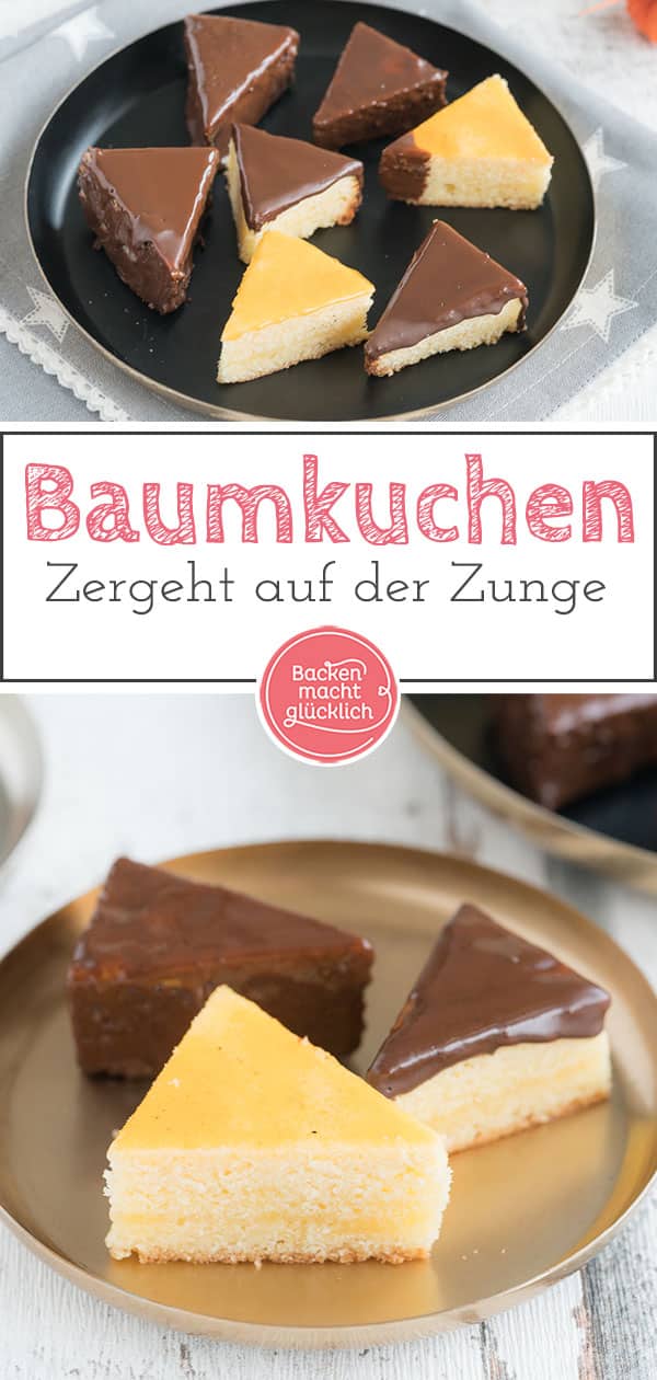 Baumkuchen ist ein köstlicher, wenn auch etwas aufwändiger Klassiker. Diese feinen Baumkuchenspitzen ohne Alkohol und Marzipan zergehen auf der Zunge - und die selbstgemachten Baumkuchenspitzen sehen noch dazu hübsch aus.