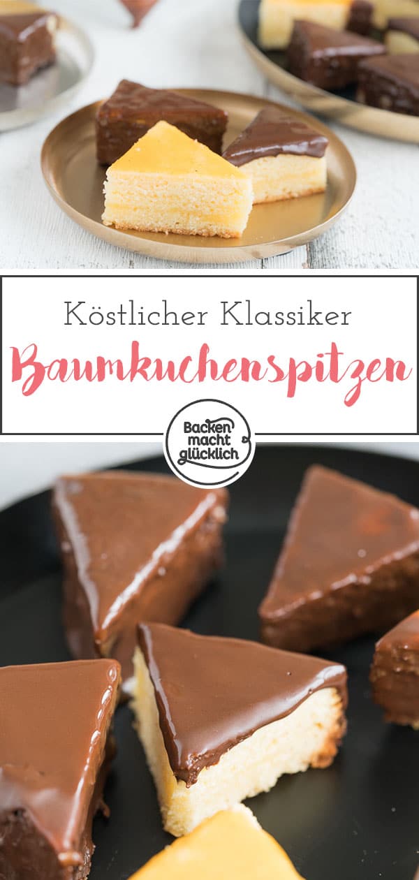 Baumkuchen ist ein köstlicher, wenn auch etwas aufwändiger Klassiker. Diese feinen Baumkuchenspitzen ohne Alkohol und Marzipan zergehen auf der Zunge - und die selbstgemachten Baumkuchenspitzen sehen noch dazu hübsch aus.