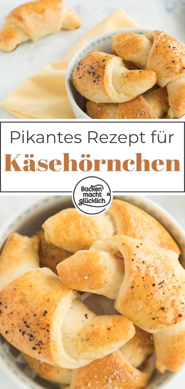 Einfache Käse-Schinken-Hörnchen aus Quark-Öl-Teig. Die pikant gefüllten Quarkhörnchen sind ein toller Partysnack