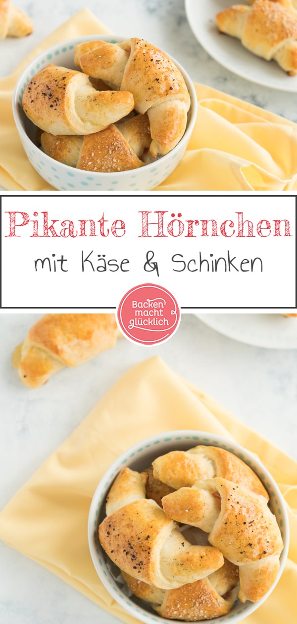 Einfache Käse-Schinken-Hörnchen aus Quark-Öl-Teig. Die pikant gefüllten Quarkhörnchen sind ein toller Partysnack