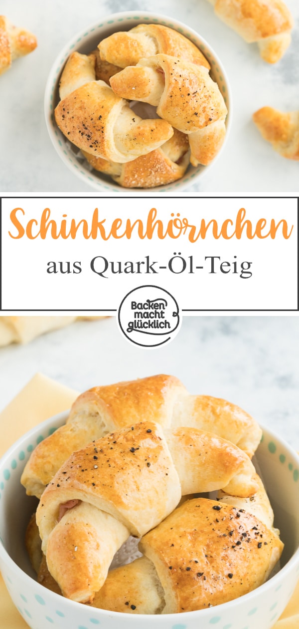 Einfache Käse-Schinken-Hörnchen aus Quark-Öl-Teig. Die pikant gefüllten Quarkhörnchen sind ein toller Partysnack