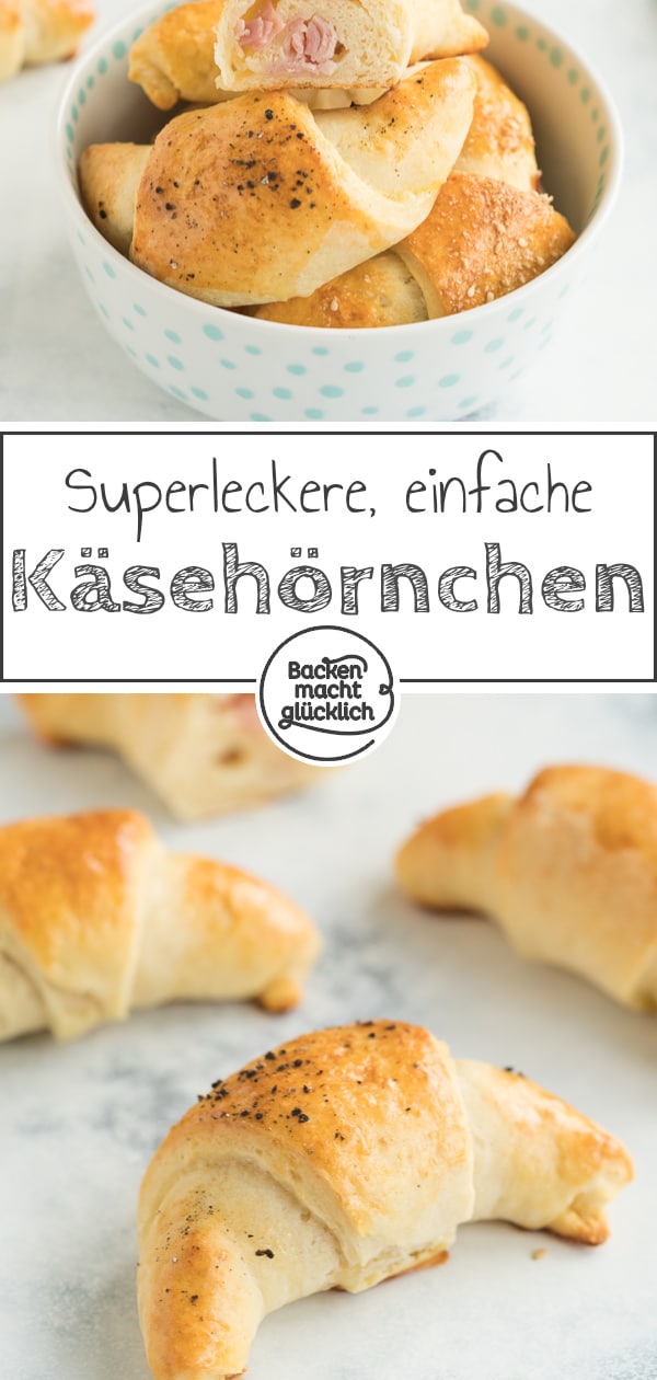 Einfache Käse-Schinken-Hörnchen aus Quark-Öl-Teig. Die pikant gefüllten Quarkhörnchen sind ein toller Partysnack