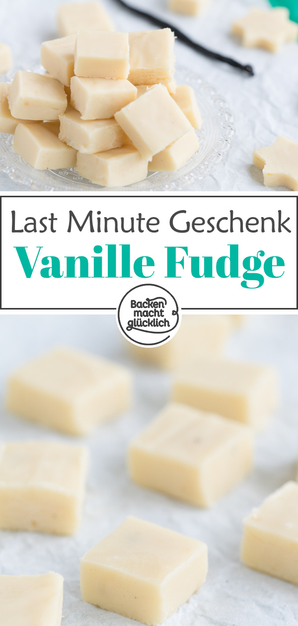 Vanille-Fudge lässt sich 3 Zutaten in nur 5 Minuten selbermachen. Ein tolles, leckeres Last-Minute-Geschenk