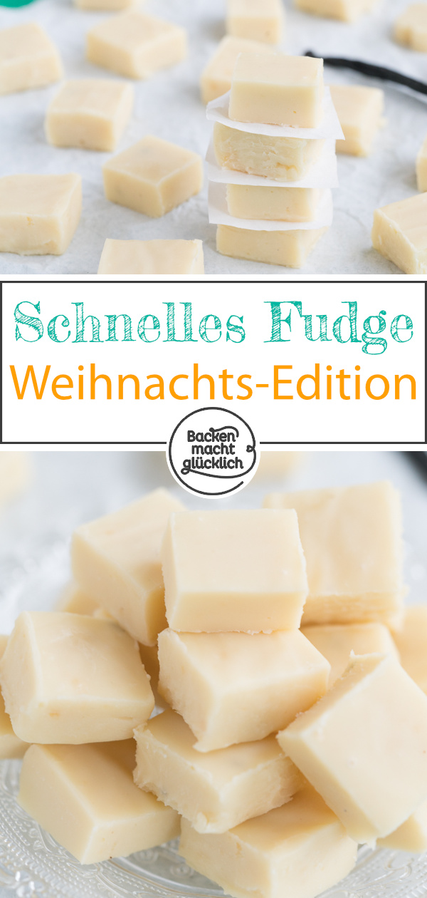 Vanille-Fudge lässt sich 3 Zutaten in nur 5 Minuten selbermachen. Ein tolles, leckeres Last-Minute-Geschenk