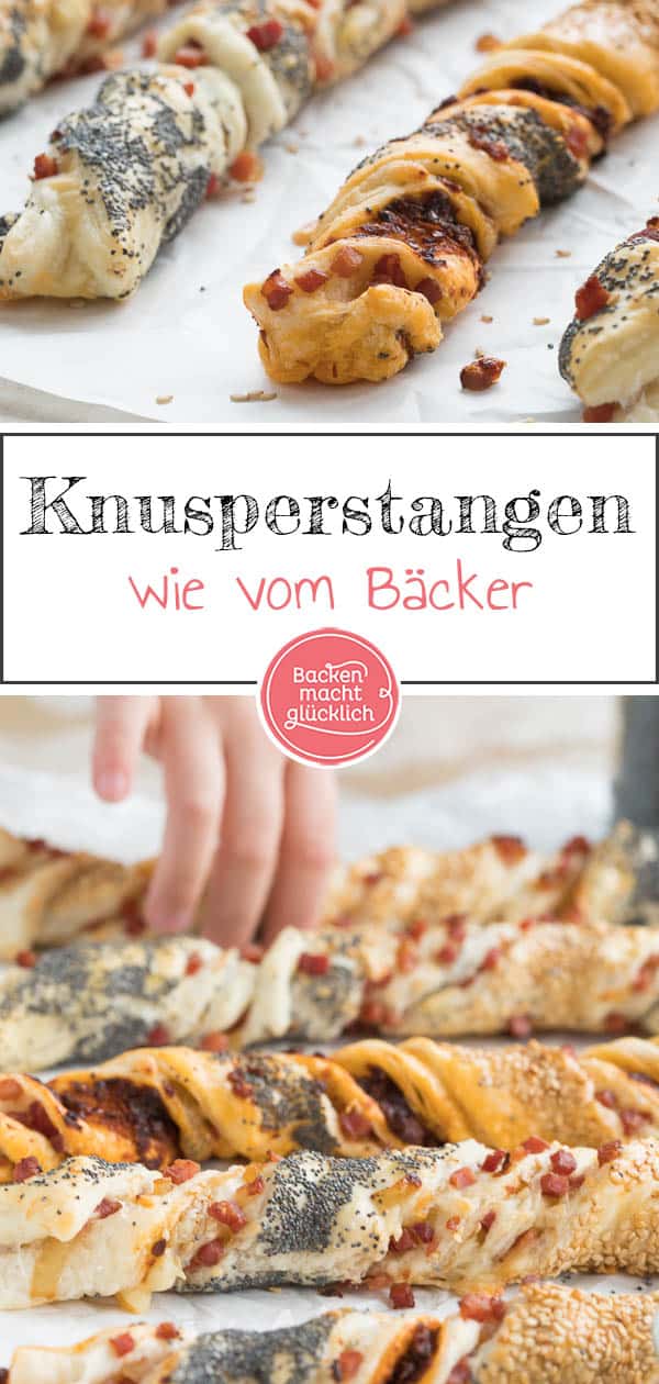 Mit den herzhaften Käse-Blätterteigstangen seid ihr für die nächste Party gerüstet! Die Knusperstangen mit Käse sind sowohl optisch als auch geschmacklich der Hit. #snack #blätterteig #käsestange #schinkenkäse #knusprig #herzhaft #backenmachtglücklich