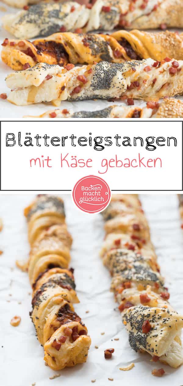 Mit den herzhaften Käse-Blätterteigstangen seid ihr für die nächste Party gerüstet! Die Knusperstangen mit Käse sind sowohl optisch als auch geschmacklich der Hit. #snack #blätterteig #käsestange #schinkenkäse #knusprig #herzhaft #backenmachtglücklich