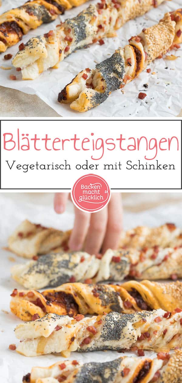 Mit den herzhaften Käse-Blätterteigstangen seid ihr für die nächste Party gerüstet! Die Knusperstangen mit Käse sind sowohl optisch als auch geschmacklich der Hit. #snack #blätterteig #käsestange #schinkenkäse #knusprig #herzhaft #backenmachtglücklich