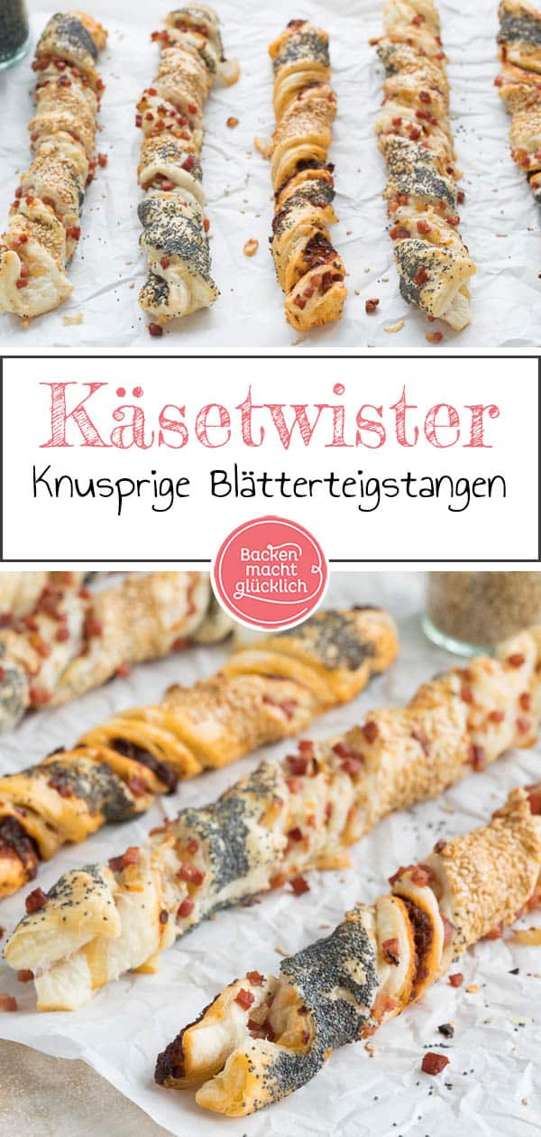 Mit den herzhaften Käse-Blätterteigstangen seid ihr für die nächste Party gerüstet! Die Knusperstangen mit Käse sind sowohl optisch als auch geschmacklich der Hit. #snack #blätterteig #käsestange #schinkenkäse #knusprig #herzhaft #backenmachtglücklich