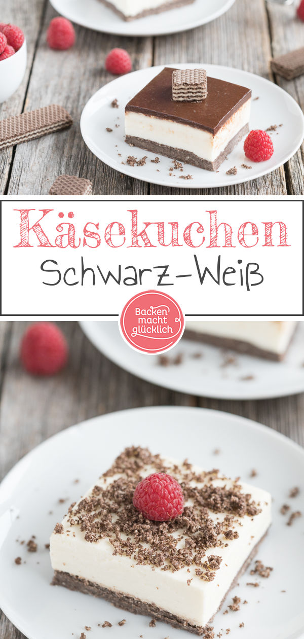 Ein köstlicher Schoko-Käsekuchen ohne Backen: Dieser schwarz-weiße Cheesecake mit Keksboden macht süchtig!