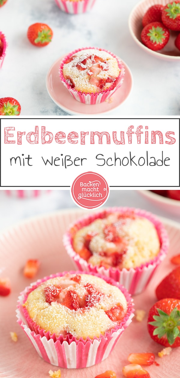 Köstliche, einfache Erdbeermuffins mit weißer Schokolade und Buttermilch. Super saftig und blitzschnell gemacht!