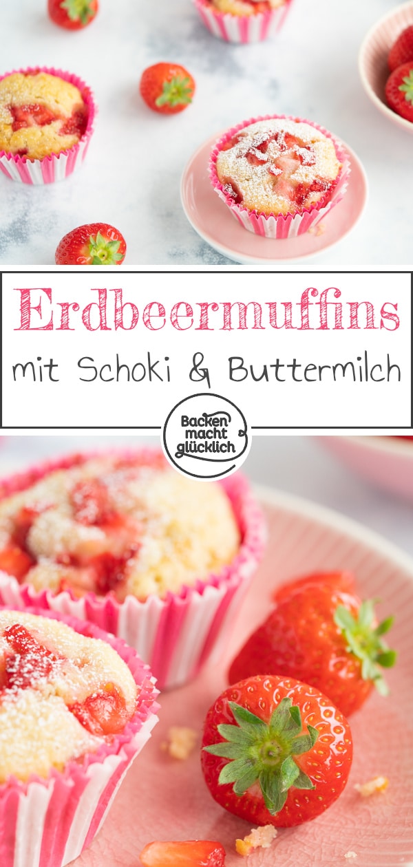 Köstliche, einfache Erdbeermuffins mit weißer Schokolade und Buttermilch. Super saftig und blitzschnell gemacht!