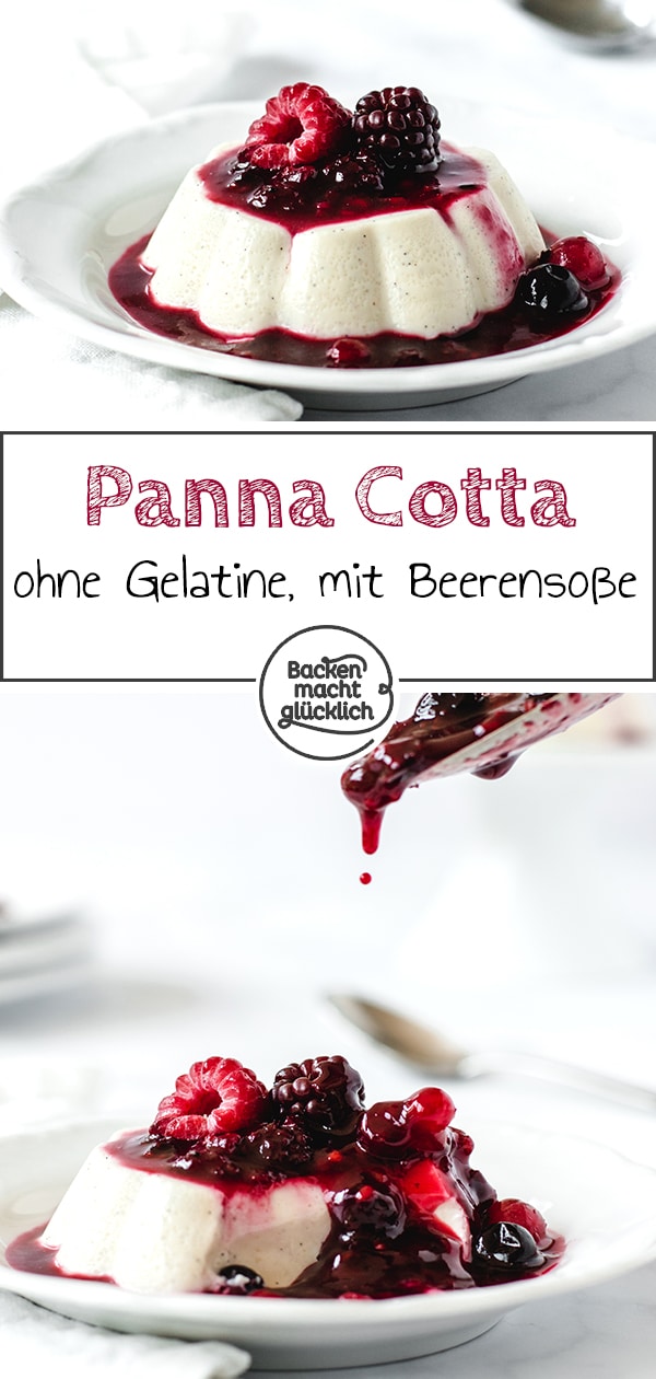 Panna Cotta mit Beerensoße, das traditionelle italienische Dessert, in einer vegetarischen Variante. Das Panna Cotta ohne Gelatine ist herrlich sahnig-fruchtig!