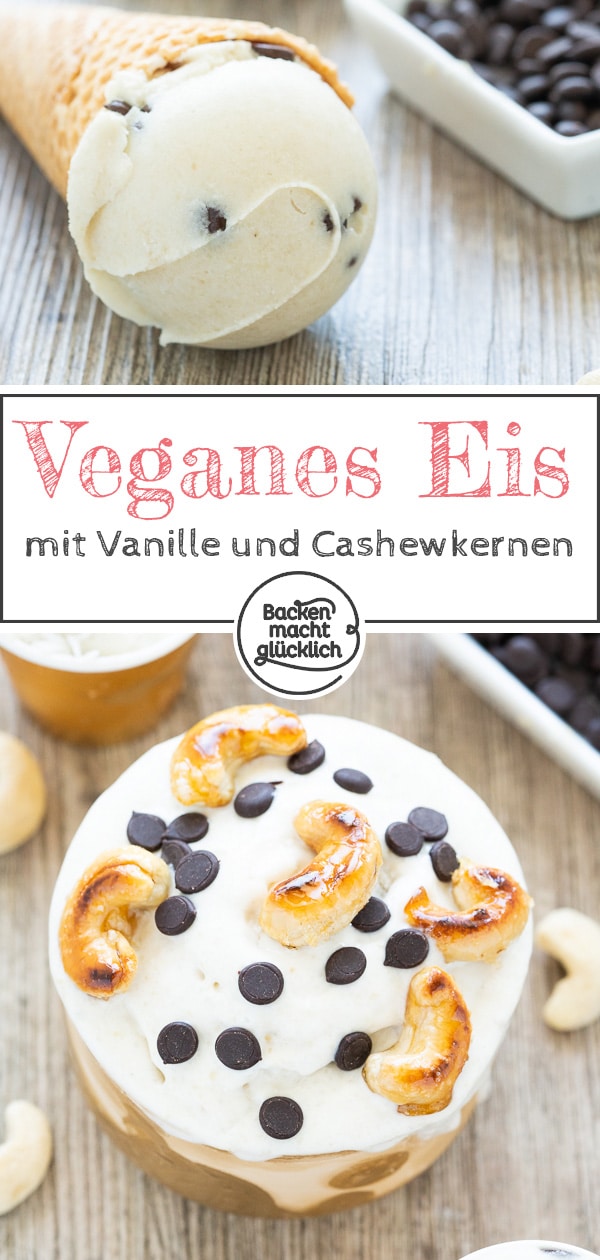 Einfaches veganes Vanille-Eis ohne Milch, Zucker, Ei, Sahne. Das Casheweis ist köstlich - und funktioniert sowohl mit als auch ohne Eismaschine.