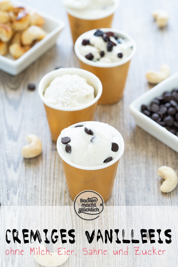 Einfaches veganes Vanille-Eis ohne Milch, Zucker, Ei, Sahne. Das Casheweis ist köstlich - und funktioniert sowohl mit als auch ohne Eismaschine.