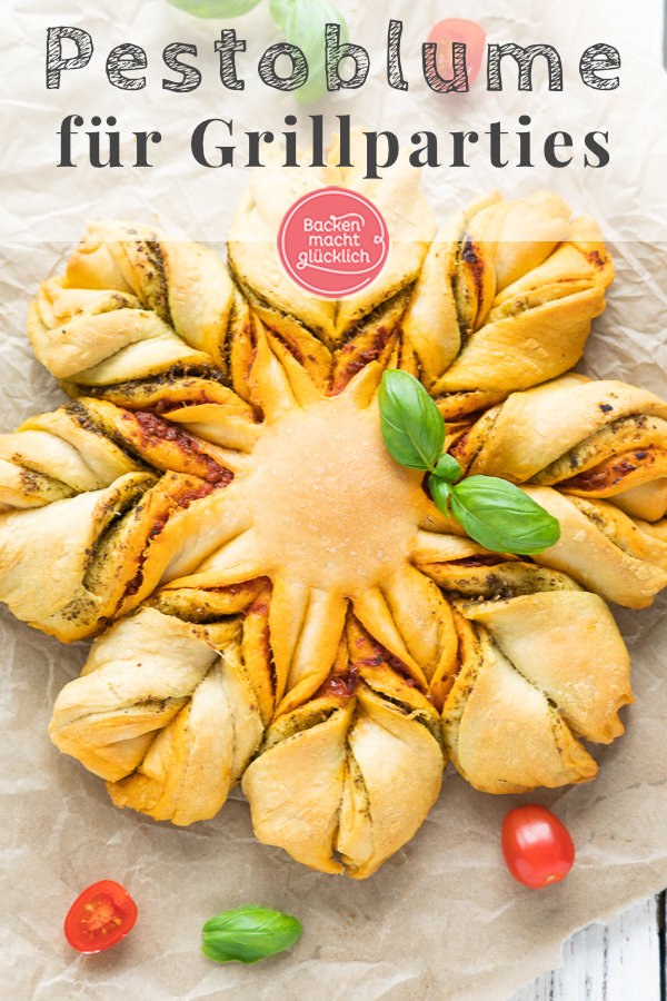 Diese köstliche Pesto-Blume mit Pizzateig ist ein echter Hingucker. Perfekt für Partys und als Grillbeilage!