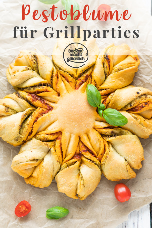 Diese köstliche Pesto-Blume mit Pizzateig ist ein echter Hingucker. Perfekt für Partys und als Grillbeilage!