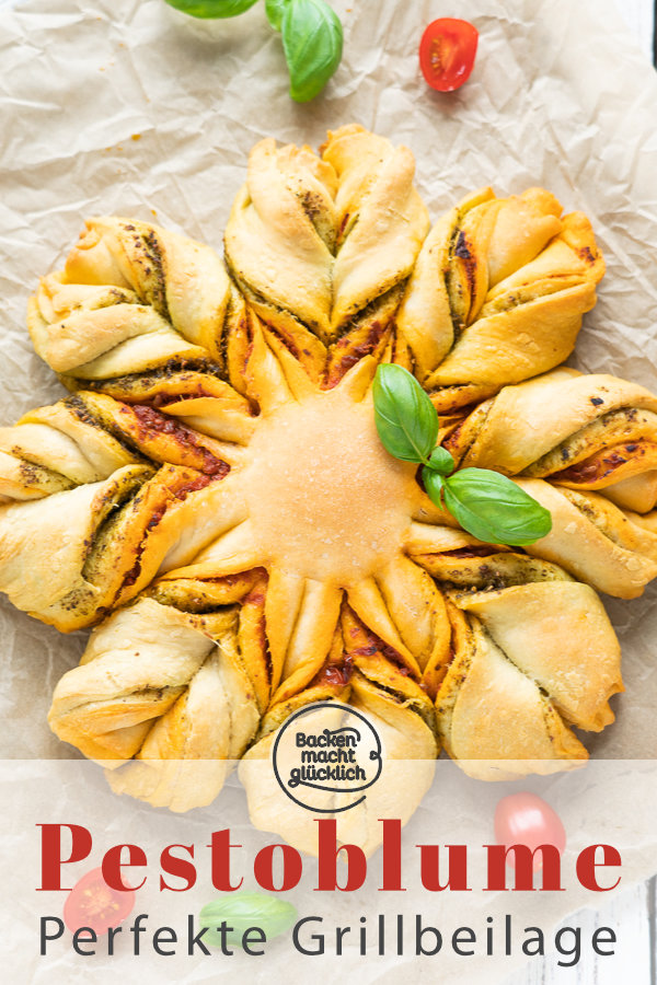 Diese köstliche Pesto-Blume mit Pizzateig ist ein echter Hingucker. Perfekt für Partys und als Grillbeilage!