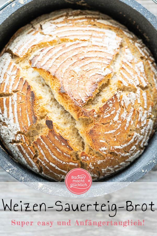 Einfaches Rezept für ein köstliches Weizen-Sauerteig-Brot. Das Sauerteigbrot ist absolut Anfängertauglich und variabel. Die Kruste und Krume des selbstgemachten Weizen-Sauerteig-Brotes werden einfach super lecker!