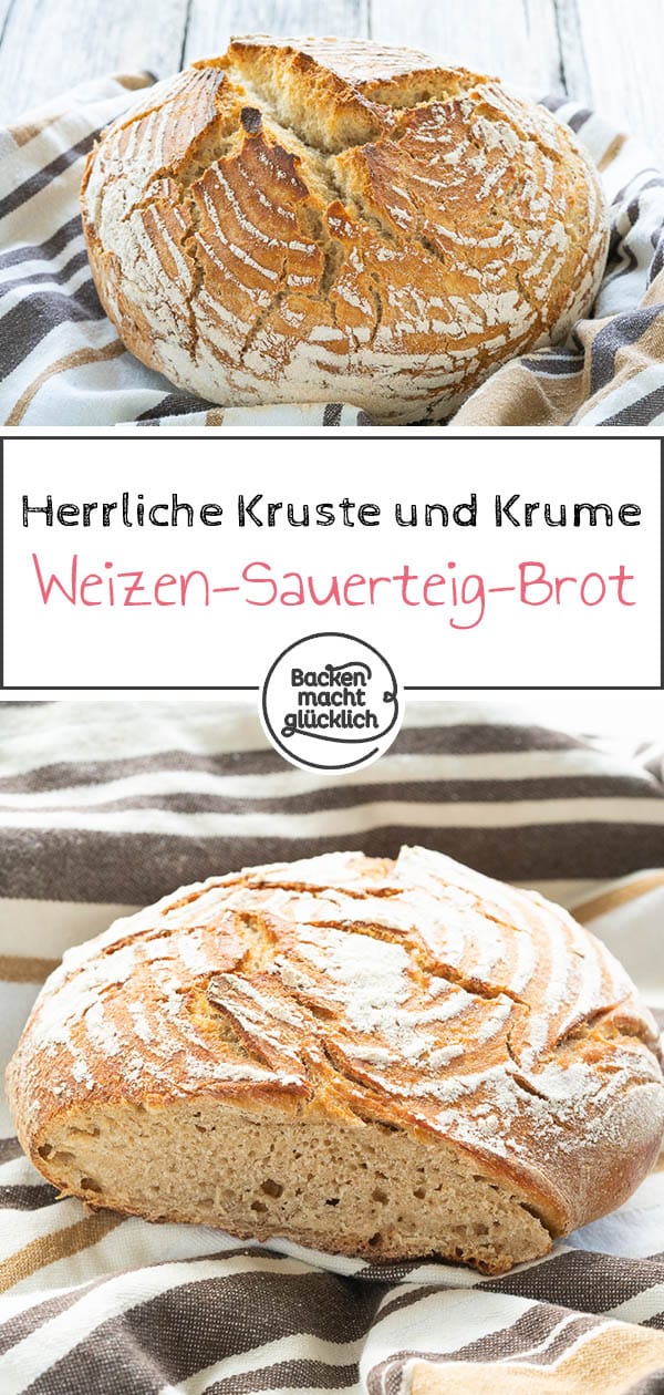 Einfaches Rezept für ein köstliches Weizen-Sauerteig-Brot. Das Sauerteigbrot ist absolut Anfängertauglich und variabel. Die Kruste und Krume des selbstgemachten Weizen-Sauerteig-Brotes werden einfach super lecker!