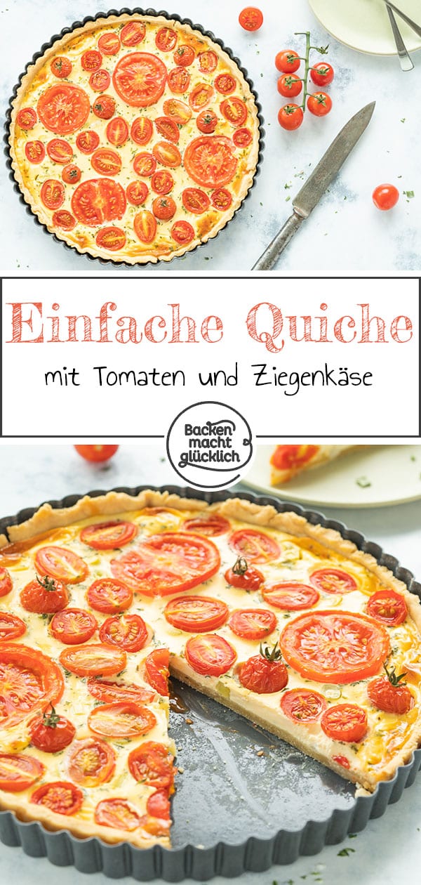 Köstliche Quiche mit Kirschtomaten und Ziegenfrischkäse. Die einfache Quiche ist perfekt für Partys, zum Brunch oder Abendessen. Die Tomatentarte schmeckt definitiv nicht nur im Sommer!