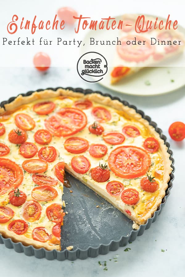 Köstliche Quiche mit Kirschtomaten und Ziegenfrischkäse. Die einfache Quiche ist perfekt für Partys, zum Brunch oder Abendessen. Die Tomatentarte schmeckt definitiv nicht nur im Sommer!