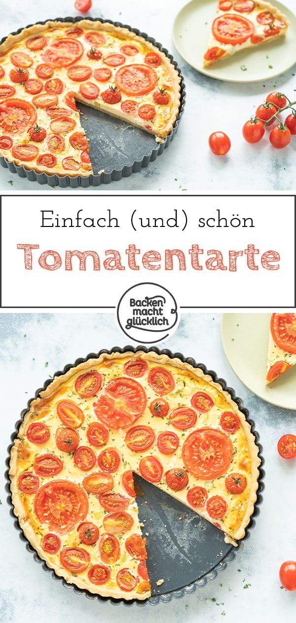 Köstliche Quiche mit Kirschtomaten und Ziegenfrischkäse. Die einfache Quiche ist perfekt für Partys, zum Brunch oder Abendessen. Die Tomatentarte schmeckt definitiv nicht nur im Sommer!