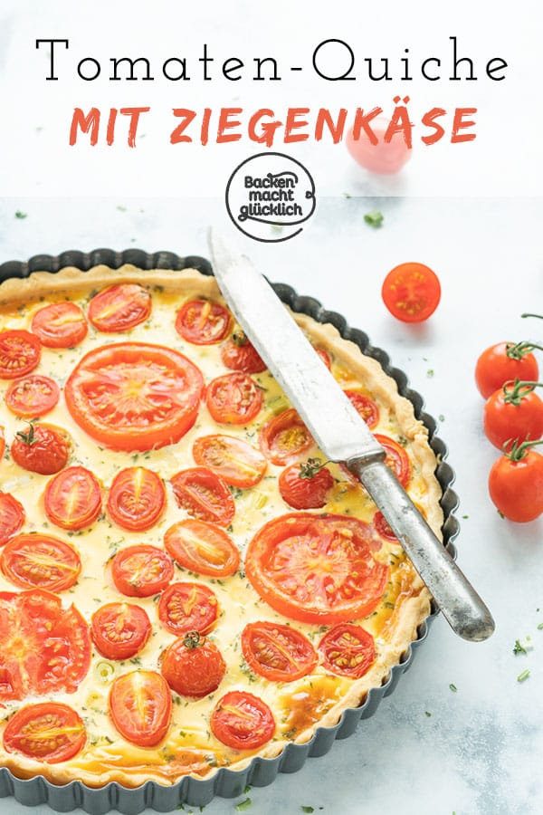 Köstliche Quiche mit Kirschtomaten und Ziegenfrischkäse. Die einfache Quiche ist perfekt für Partys, zum Brunch oder Abendessen. Die Tomatentarte schmeckt definitiv nicht nur im Sommer!