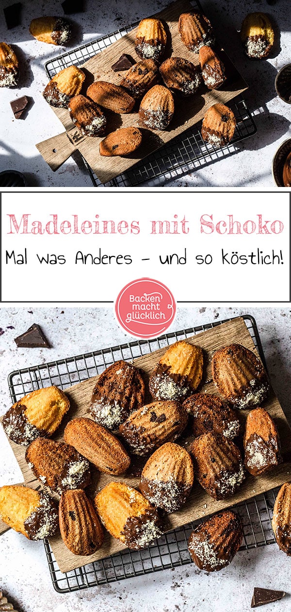 Tolles Rezept für köstliche Madeleines mit Schokolade. Das klassische Französische Sandgebäck wird in den entzückenden Muschelformen gebacken. Der Rührteig der Madeleines wird herrlich fluffig und zergeht auf der Zunge