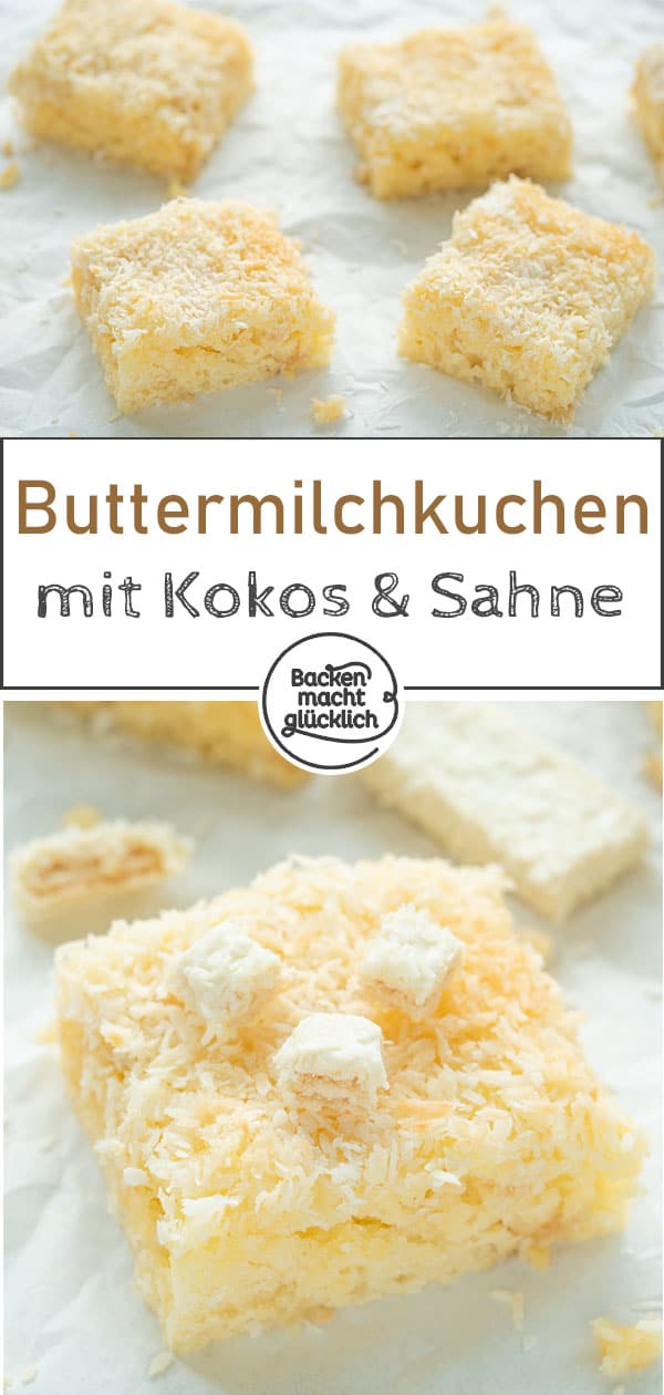 Saftiger Buttermilchkuchen mit Kokos für die ganze Familie. Dieser Buttermilch-Kokos-Kuchen vom Blech ist einfach und super lecker.