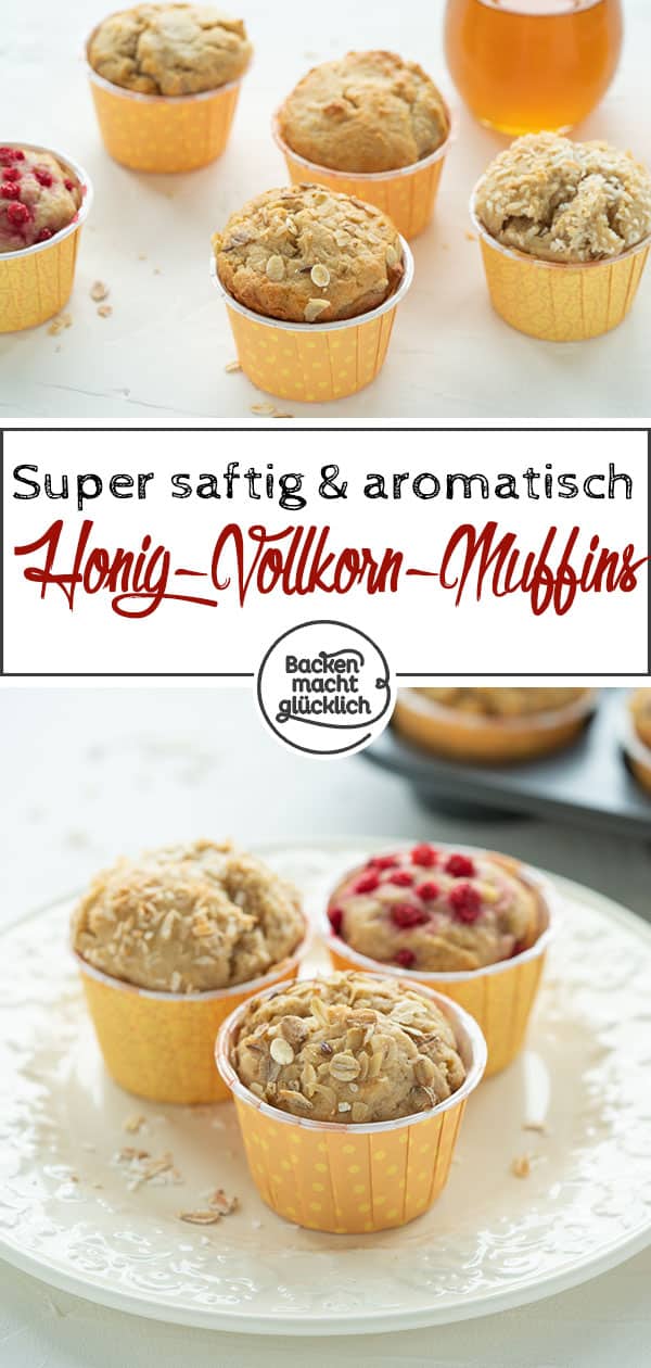 Einfaches Grundrezept für saftige Dinkel-Honig-Muffins. Die vollwertigen Muffins schmecken pur, aber auch mit Beeren, Kokos, Flocken und Co. Die gesunden Muffins sind eine tolle Alternative zu normalen Muffins.