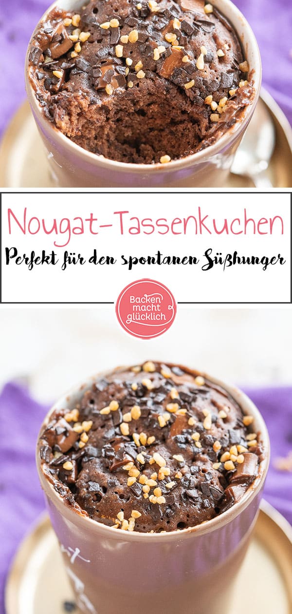 Dieser saftige Tassenkuchen ist ein blitzschneller Genuss. Der einfache Mikrowellenkuchen mit Nougat und Schokolade ist innerhalb weniger Minuten fertig!