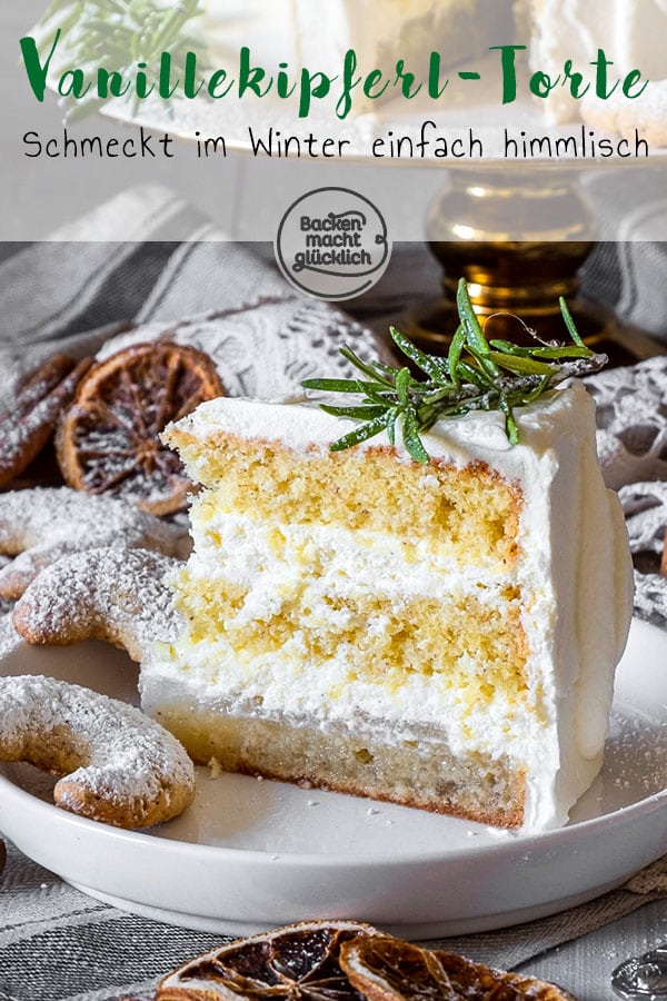 Wer eine leckere Torte für Weihnachten und die Winterzeit im allgemeinen sucht, sollte sich diese Vanillekipferl-Torte mal genauer ansehen! Die Weihnachtstorte ist ein echter Hingucker und köstlicher Gaumenschmaus zugleich. Durch ihre vielen Schichten schindet die Vanillekipferl-Sahne-Torte garantiert richtig Eindruck.