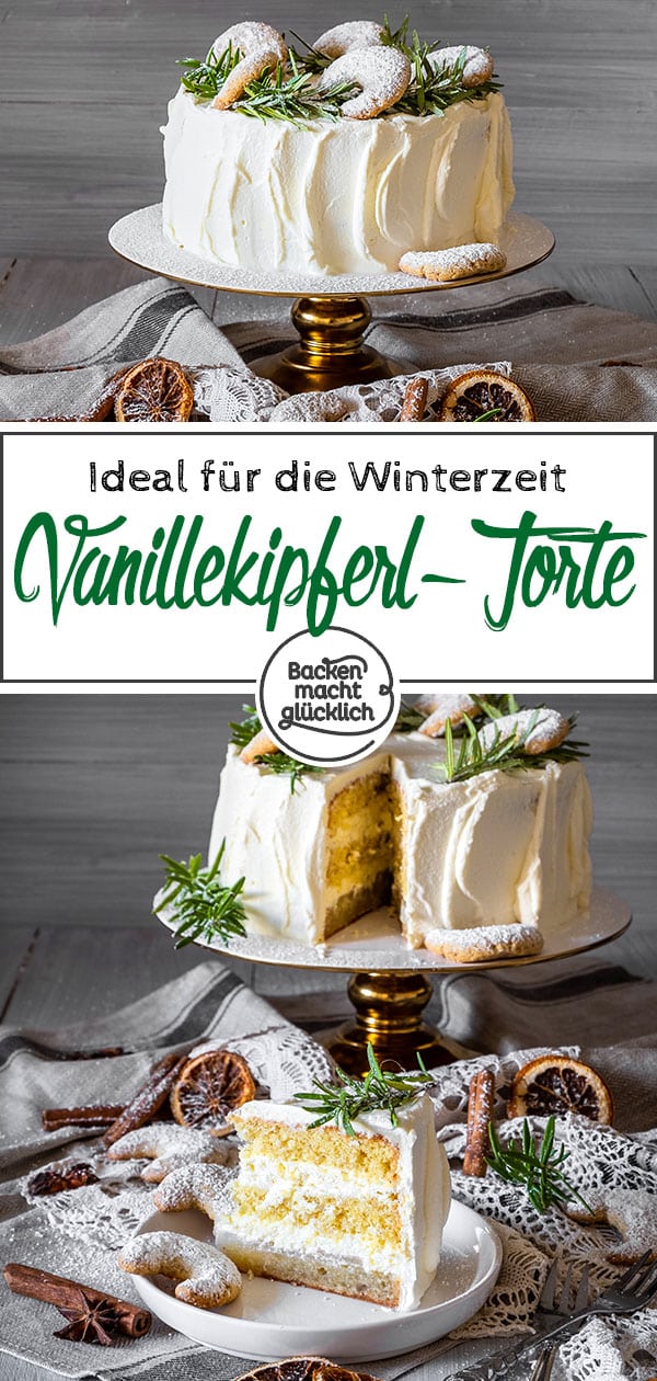 Wer eine leckere Torte für Weihnachten und die Winterzeit im allgemeinen sucht, sollte sich diese Vanillekipferl-Torte mal genauer ansehen! Die Weihnachtstorte ist ein echter Hingucker und köstlicher Gaumenschmaus zugleich. Durch ihre vielen Schichten schindet die Vanillekipferl-Sahne-Torte garantiert richtig Eindruck.