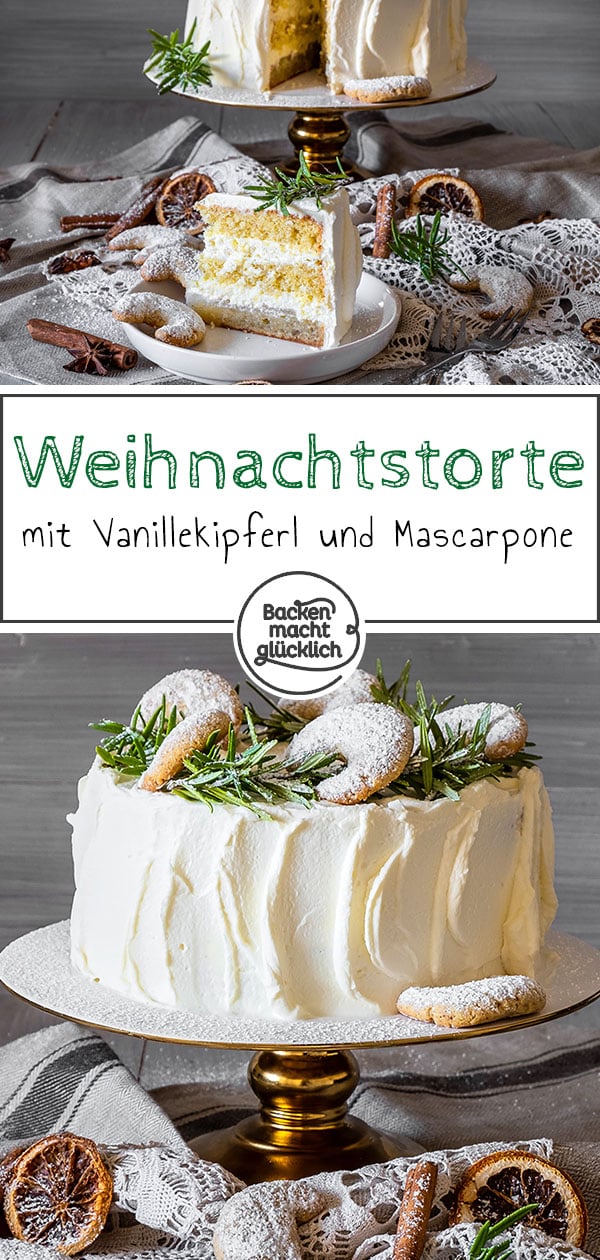 Wer eine leckere Torte für Weihnachten und die Winterzeit im allgemeinen sucht, sollte sich diese Vanillekipferl-Torte mal genauer ansehen! Die Weihnachtstorte ist ein echter Hingucker und köstlicher Gaumenschmaus zugleich. Durch ihre vielen Schichten schindet die Vanillekipferl-Sahne-Torte garantiert richtig Eindruck.