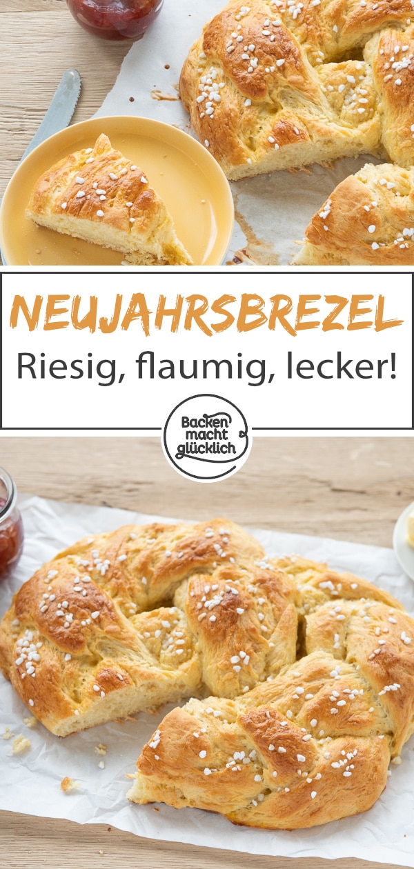 Diese große Neujahrsbrezel ist das perfekte Neujahrsgebäck. Sieht schön aus - und schmeckt herrlich flaumig!